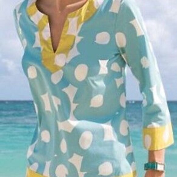 Boden Tunic Graphic "Painted Hoops" Size 10 (US) Teal Gold - Picture 3 of 3